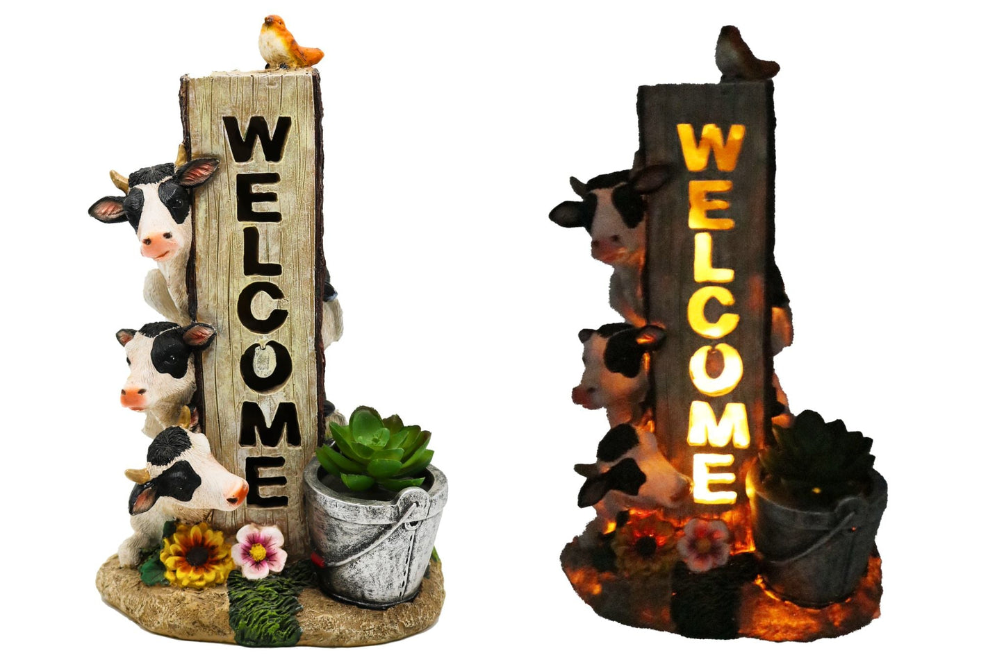 Resin Cow w/ Welcome Sign Solar Light 30cm