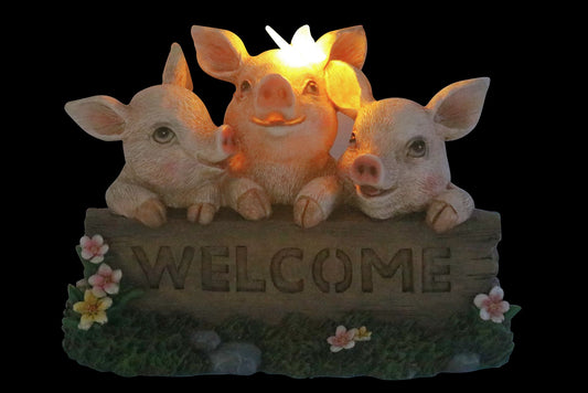 Resin Pig w/Welcome Solar Light 28x21cm
