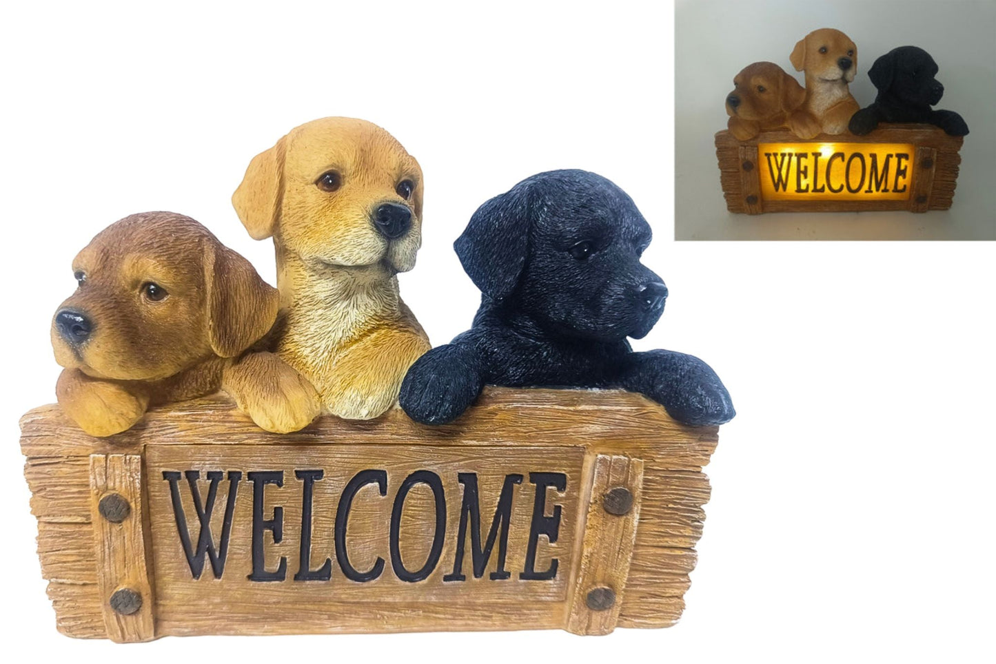 Resin Dog w/Solar Welcome Sign 24cm