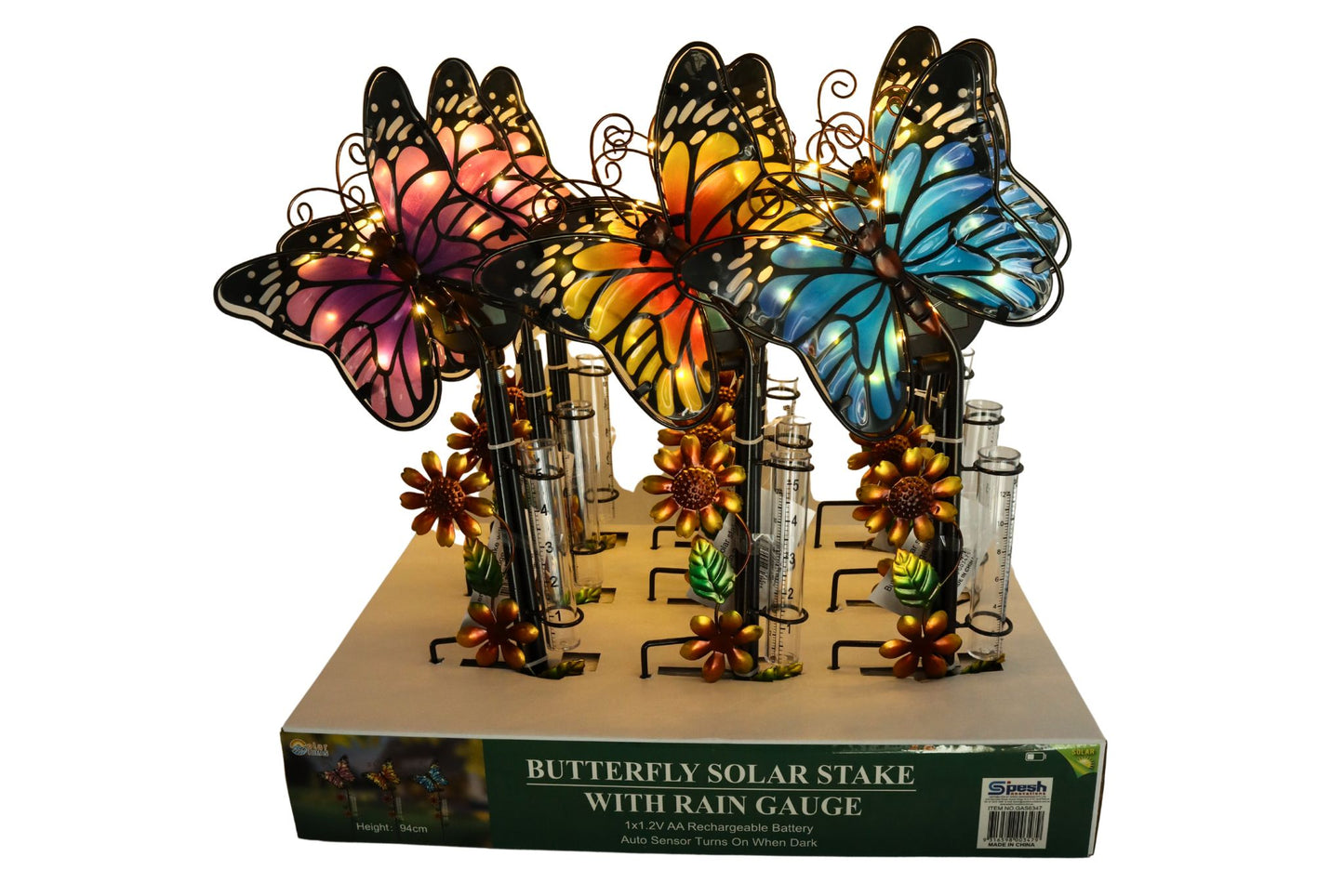 Metal Garden Stake Butterfly Rain Gauge w/Solar Light 95cm 3 Asstd PDQ