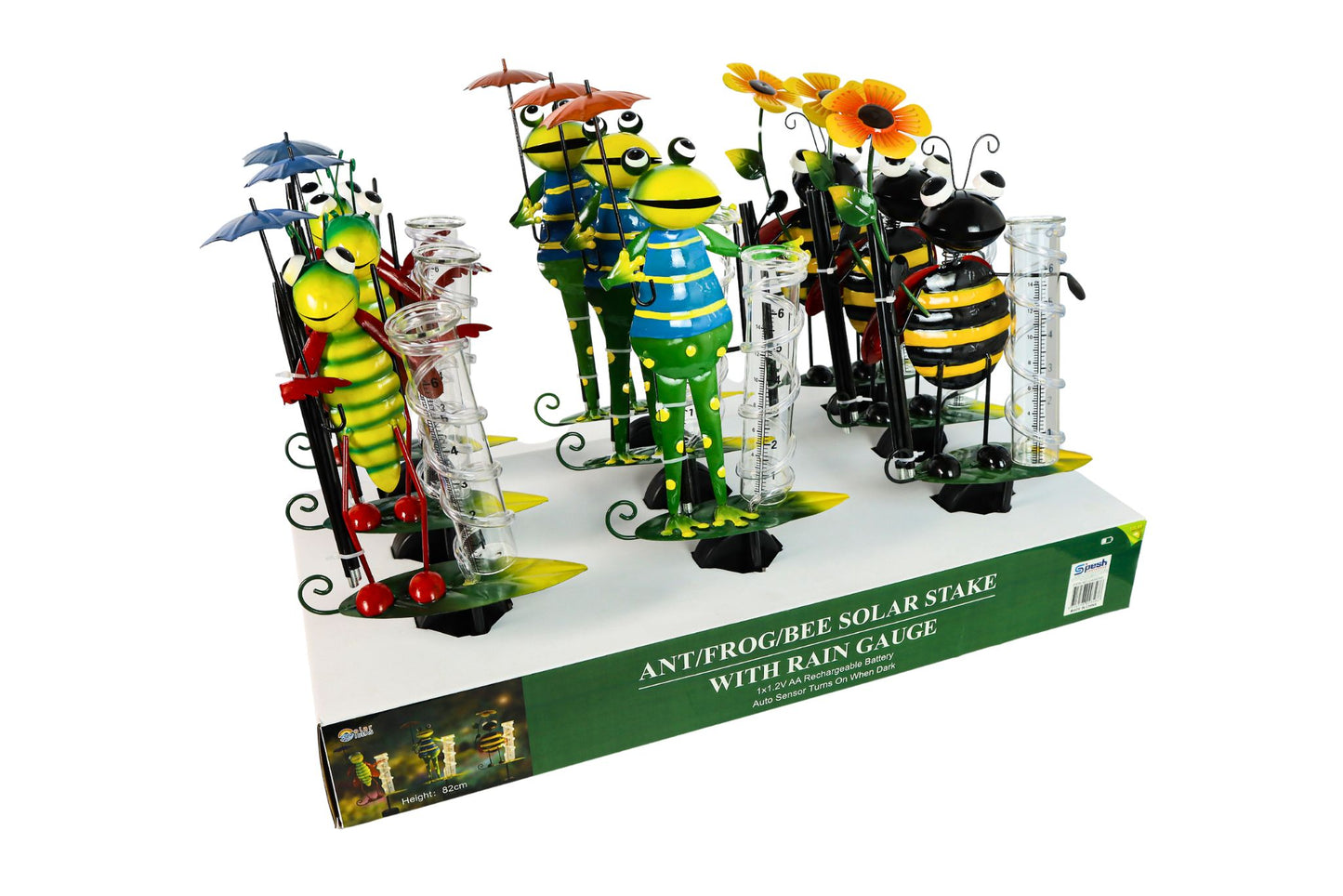 Metal Garden Stake Ant/Frog/Bee Rain Gauge w/Solar Light 83cm 3 Asstd PDQ