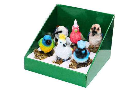 Aust Birds Statues w/Light & Sound Sensor 14-22cm 6 Asstd B/O PDQ