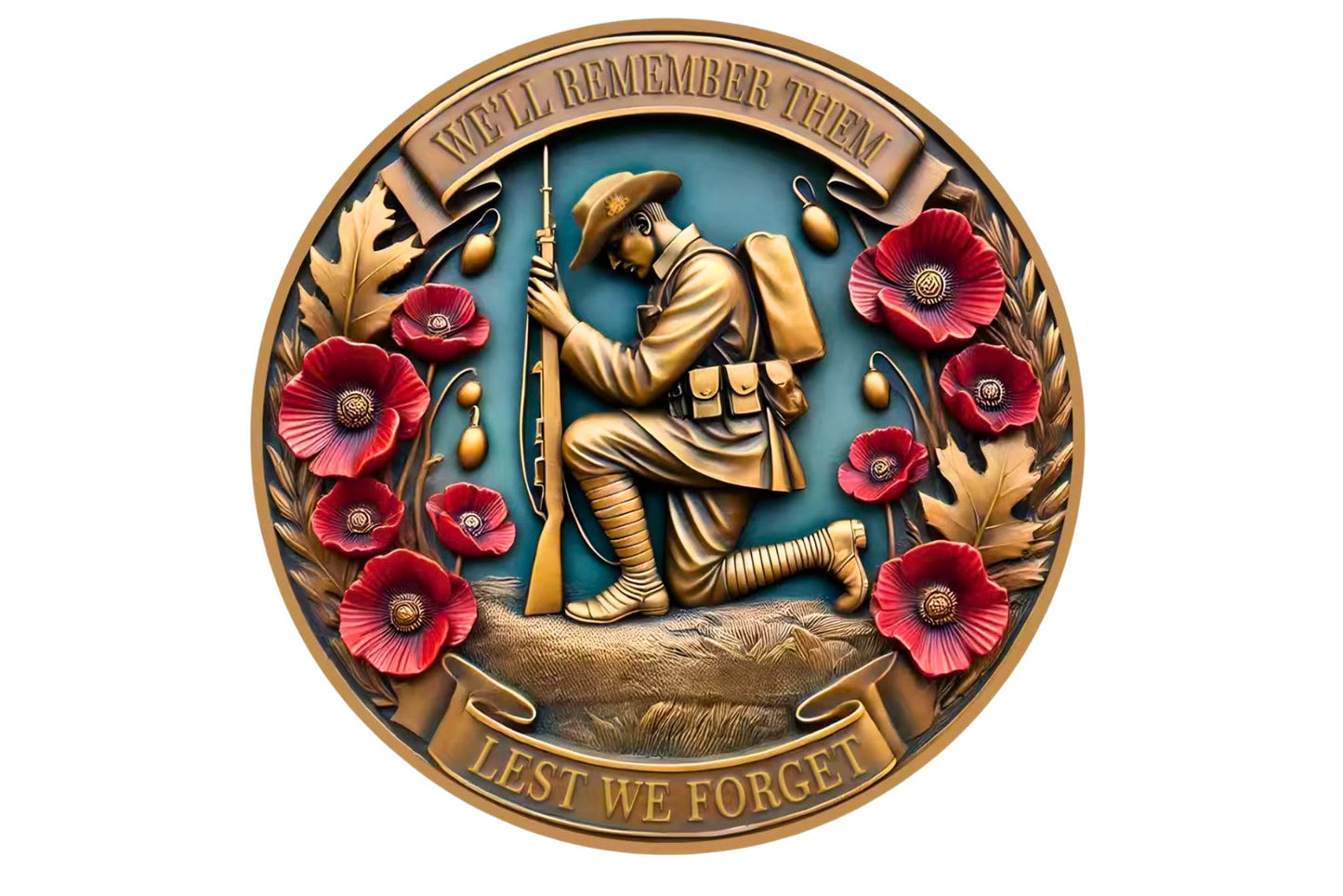 Anzac Metal Wall Art Embossed Kneeling Soldier 40cm