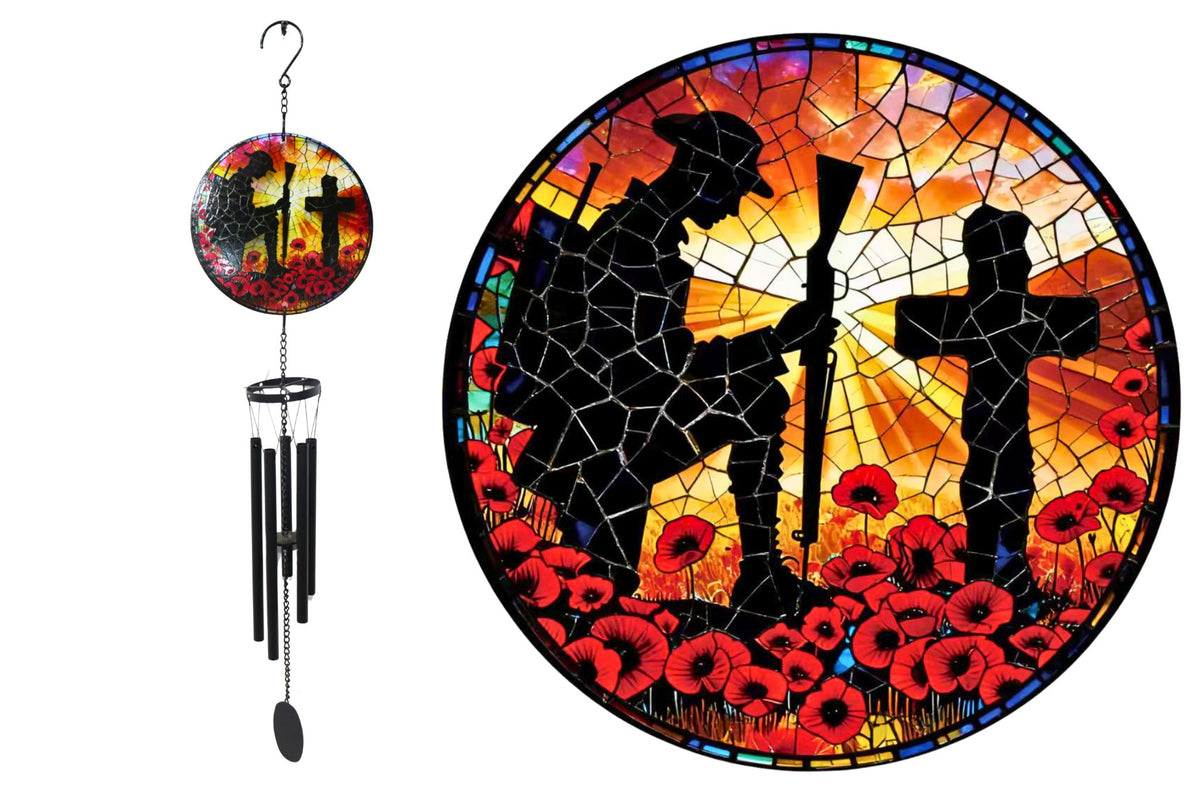 Anzac Glass Wind Chime Soldier Cross Poppy 93x20cm