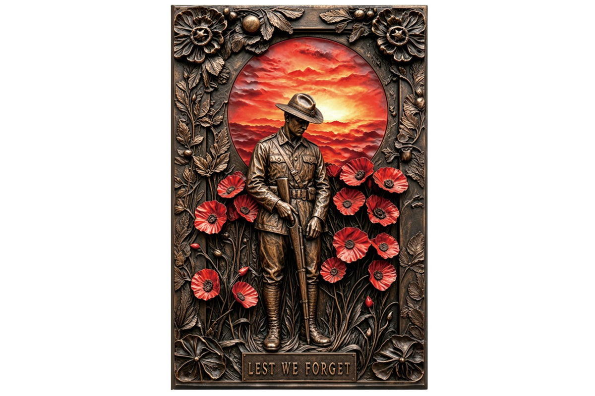 Anzac Metal Wall Art Embossed Kneeling Soldier 45x30cm
