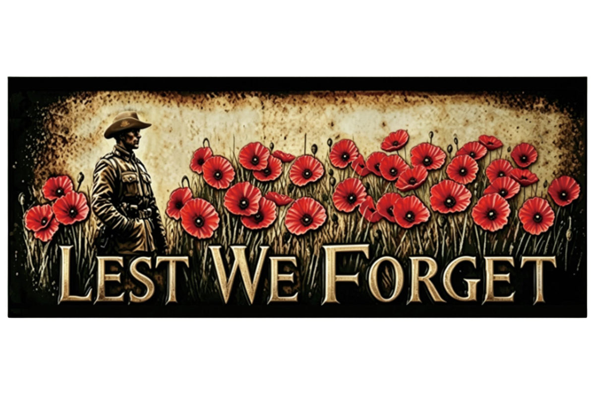 Anzac Metal Wall Art Embossed Soldier Poppy 60x25cm