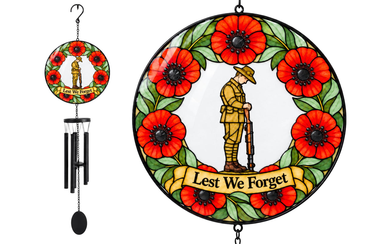 Anzac Glass Wind Chime Soldier Poppy Wreath 93x20cm
