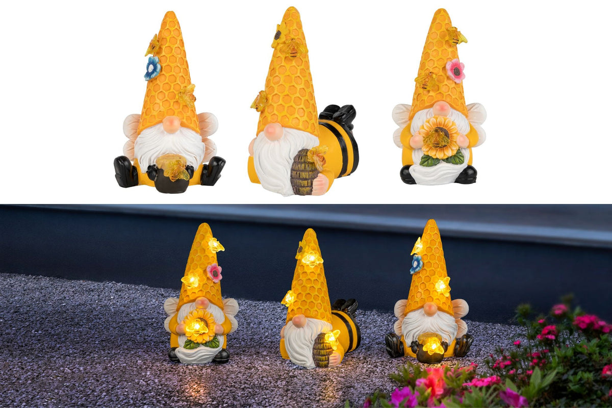 Bee Gnome Decor Statue w/Solar Light 17cm 3 Asstd PDQ