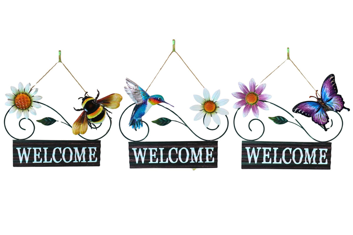 Welcome Sign Humbird/Bee/Butterfly 38x28cm 3 Asstd