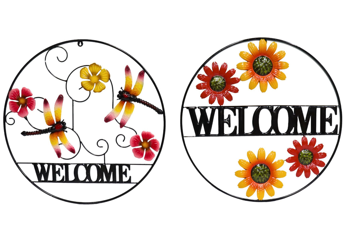 Metal Wall Art Welcome Dragonfly/Flower 60cm 2 Asstd