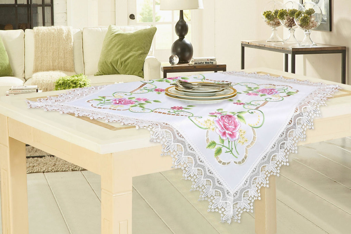 Embroidered Table Cloth 85x85cm Square Rose