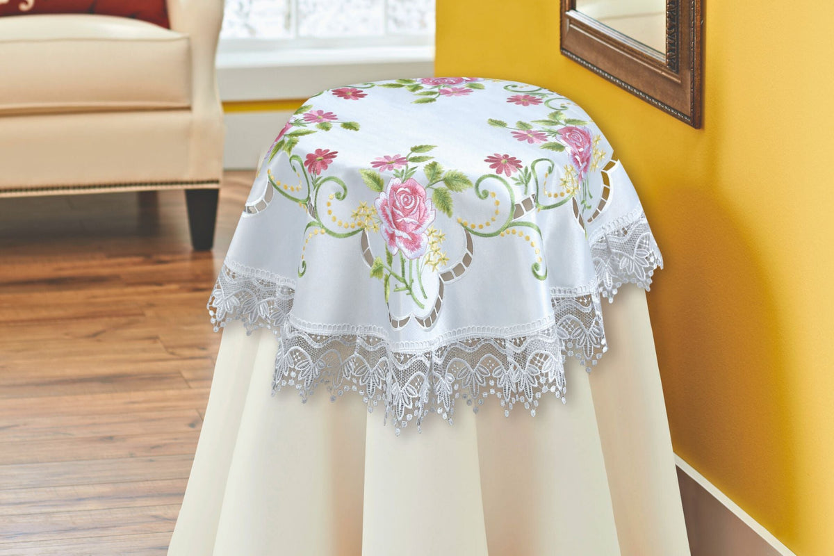 Embroidered Table Cloth 85x85cm Round Rose