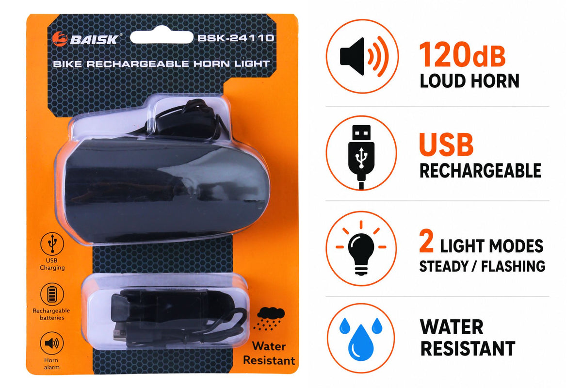 Bike Horn Light Rechargeable USB Steady/Flashing