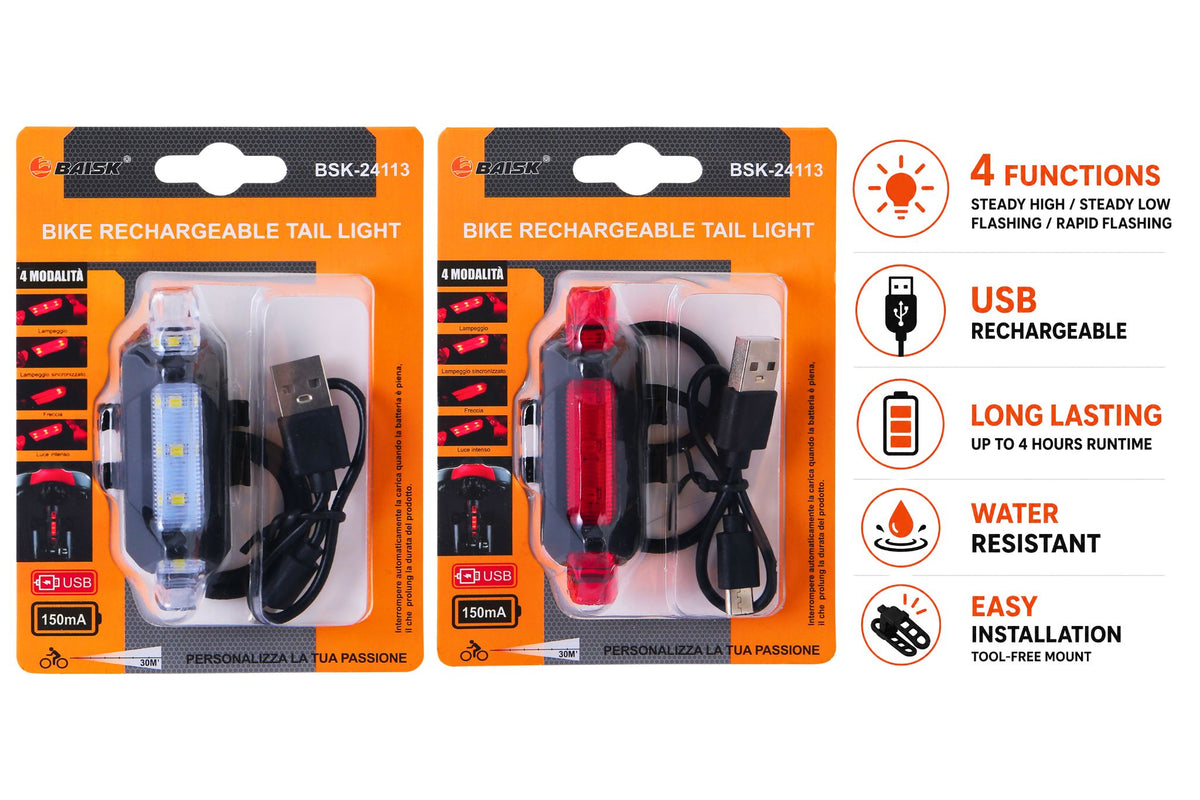 Bike Tail Light Rechargeable USB Steady/Flashing 4-Functions 2 Asstd
