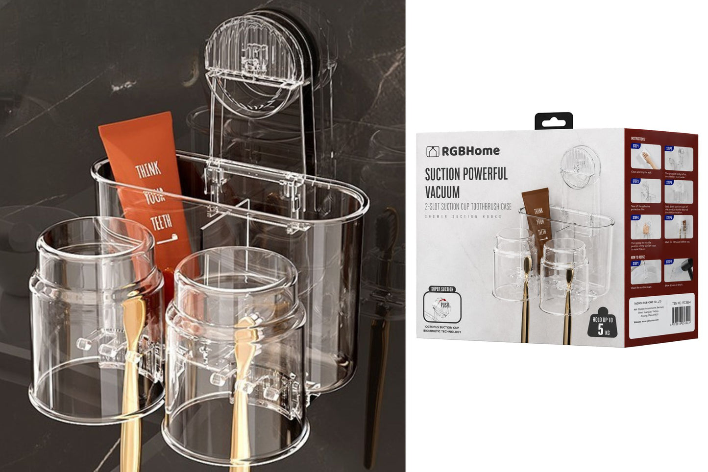 Clear Double Toothbrush Holder w/Suction 17x17x16cm