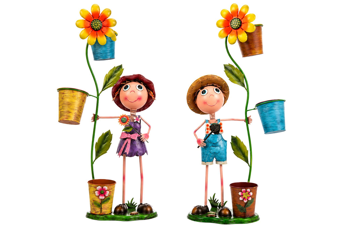 Metal Kids w/Sunflower Flowerpot 70x24cm 2 Asstd
