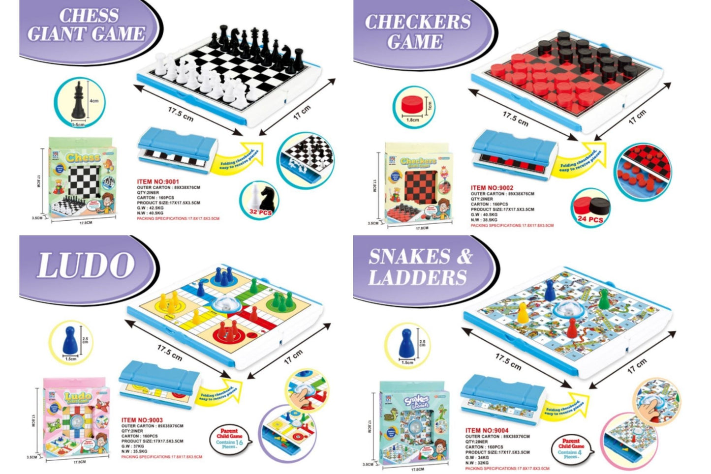 Mini Board Games 4 Asstd 17.8x3.5x17.8cm