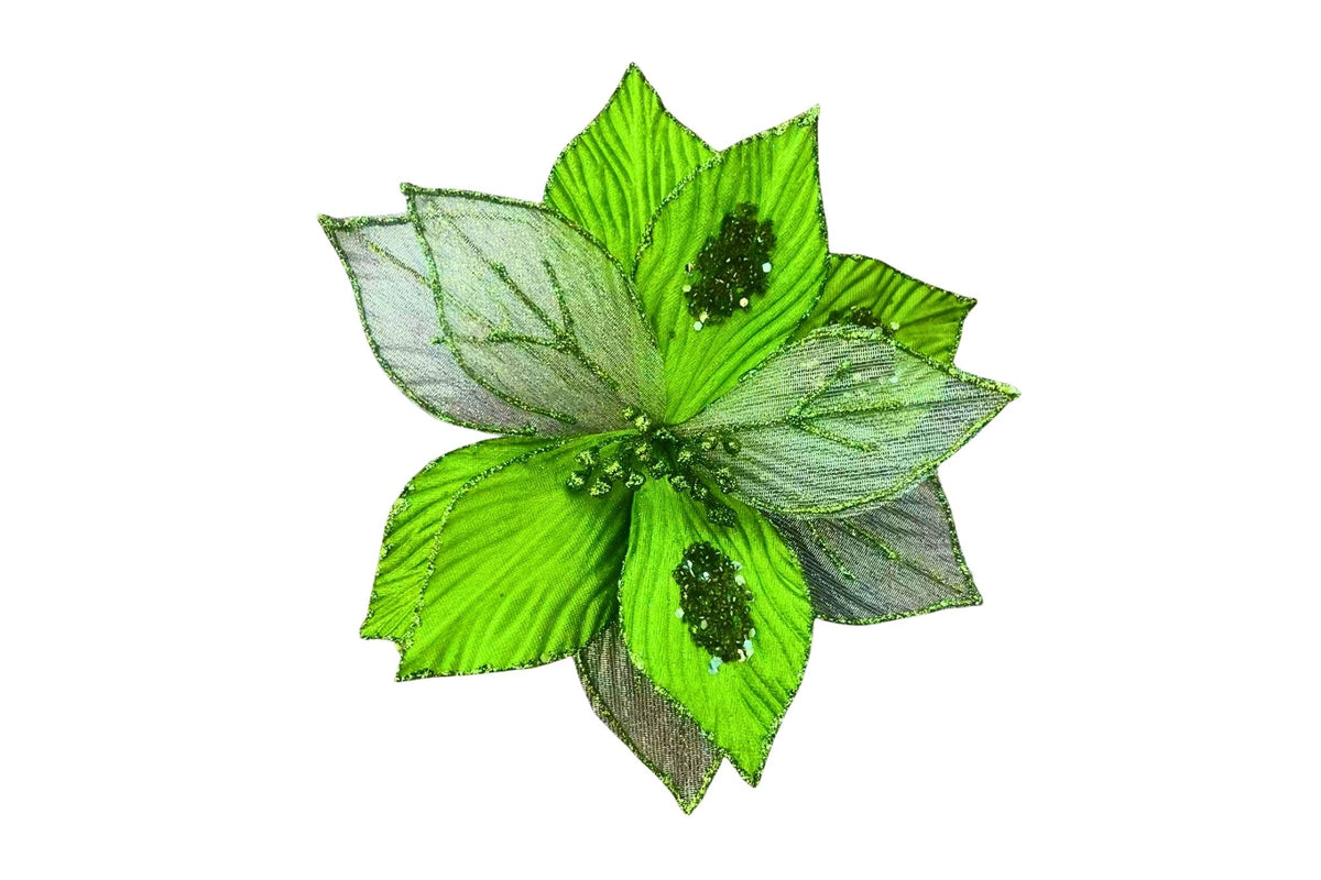 Green Glitter Poinsettia Pick 25x15cm