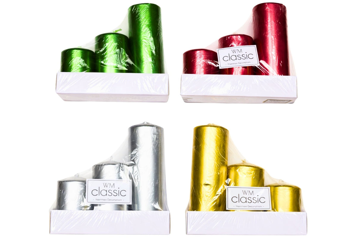 Xmas Candles Pk3 4 Asstd 5.7x5cm/9.5x5cm/14.5x5cm