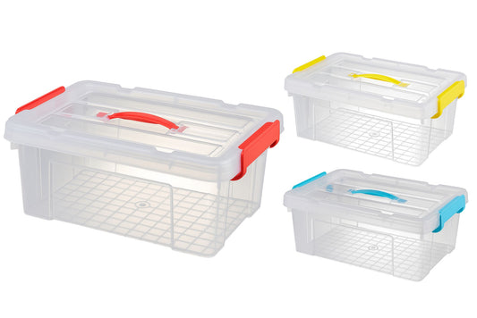 Clear Storage Box w/Clip & Handle 12L 28x21.7x13.5cm 3 Asstd