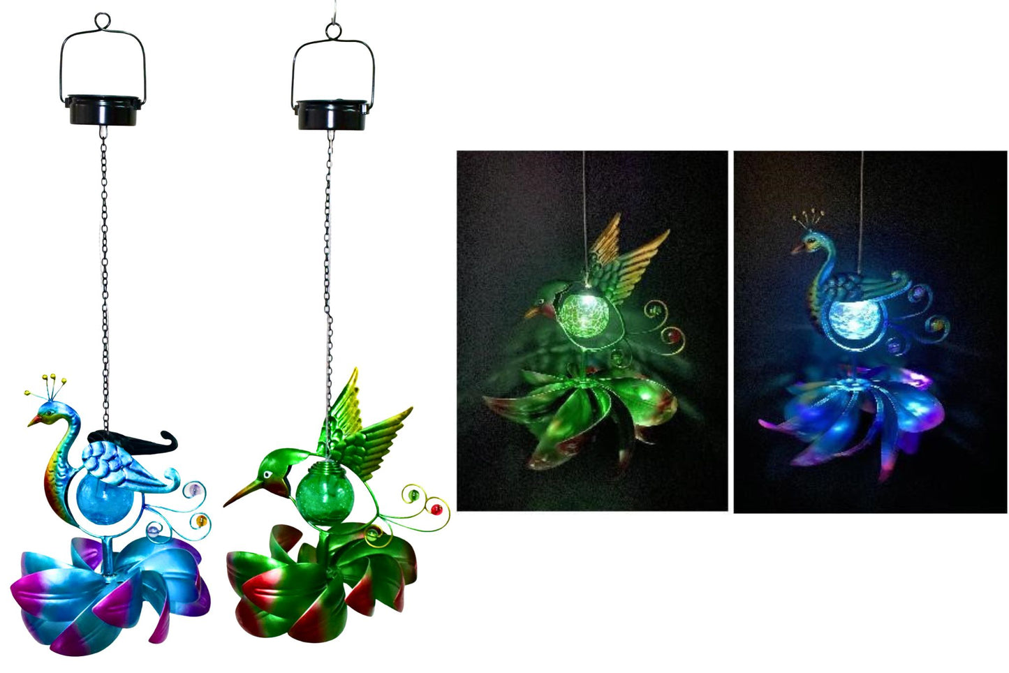 Wind Spinner w/Solar Light Flamingo/Peacock 2 Asstd