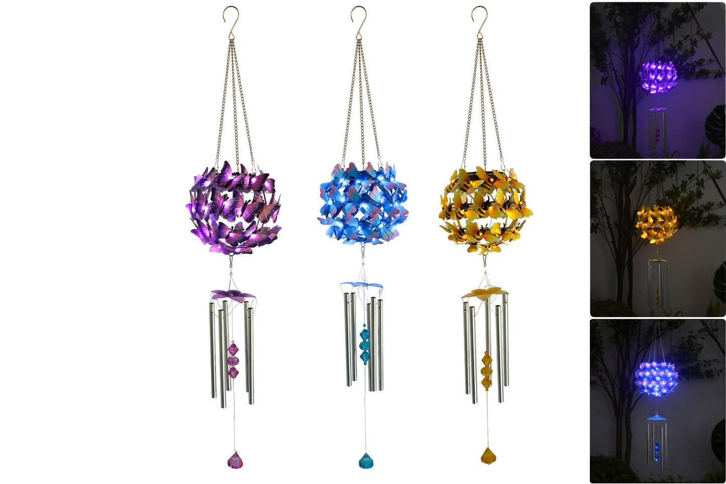 Metal Wind Chime Butterfly/Bee/Dragonfly w/Solar Lights 87x16x16cm 3 Asstd