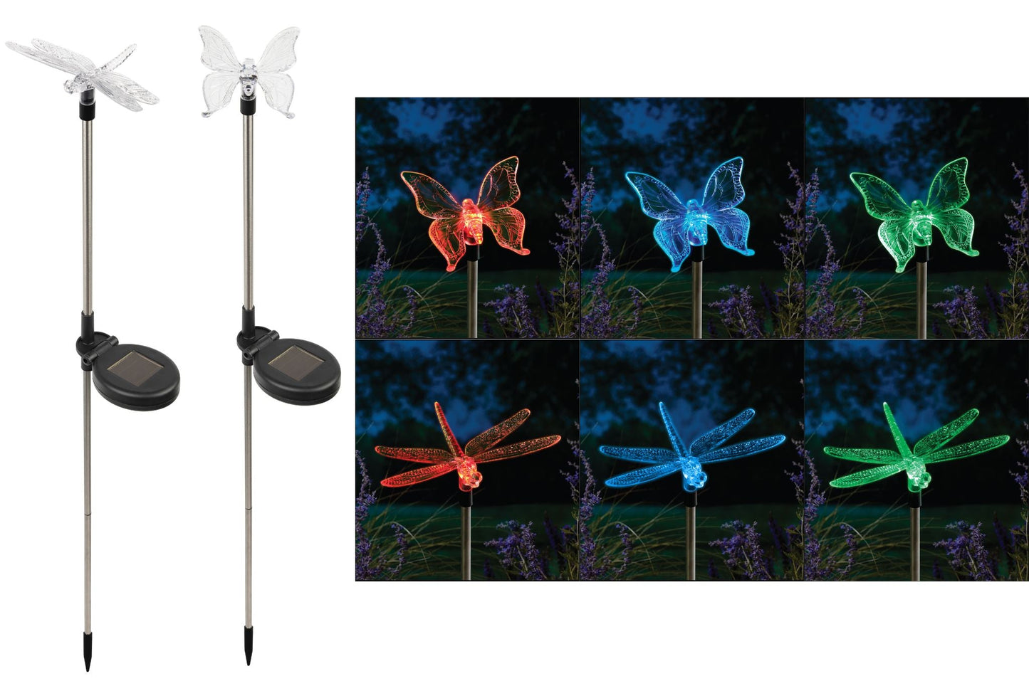 Solar Dragonfly/Butterfly Colour Change Stake 76cm 2 Asstd