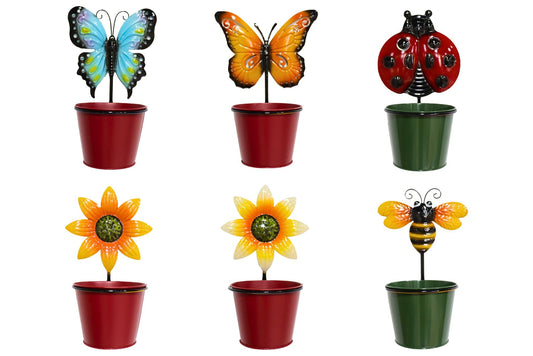 Metal Bee/Bug/Sunf/Bfly Garden Pots 33cm 6 Asstd