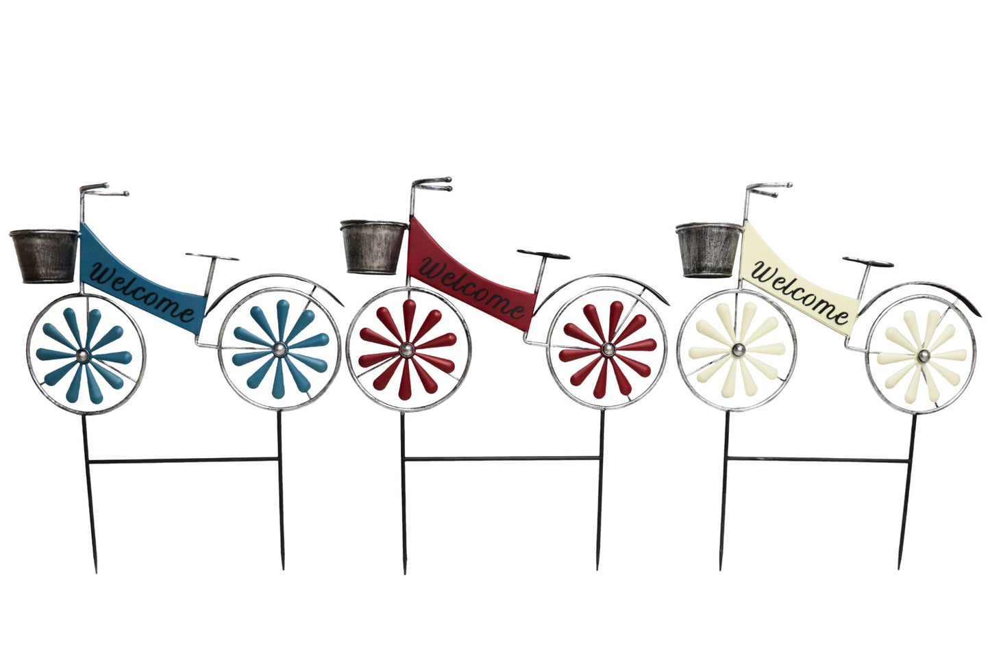 Metal Bike Spinning Wheel Garden Stake 70cm 3 Asstd