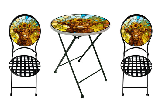 Metal Table & Chairs Set Printed Highland Cow