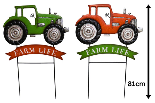 Metal Garden Stake Farm Life Tractor 81cm 2 Asstd