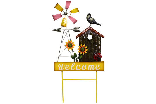 Metal Garden Stake Spinning Windmill Bird House 86cm