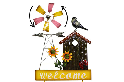 Metal Garden Stake Spinning Windmill Bird House 86cm