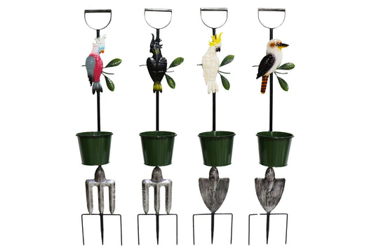 Metal Aust Birds Garden Stake w/Pot 102cm 4 Asstd