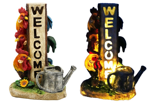 Resin Chicken w/ Welcome Sigh Solar Light 27cm