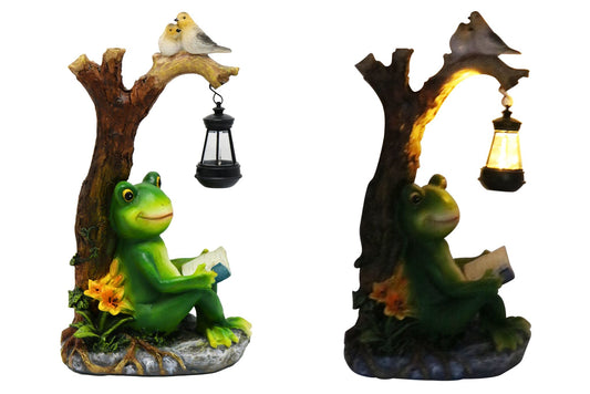 Resin Solar Frog Reading Under The Tree 32cm