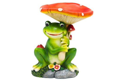 Resin Bird Feeder Frog Under Mushroom 22cm
