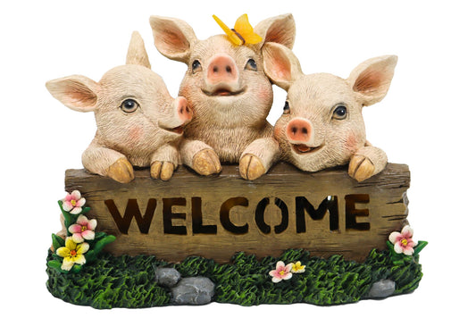 Resin Pig w/Welcome Solar Light 28x21cm
