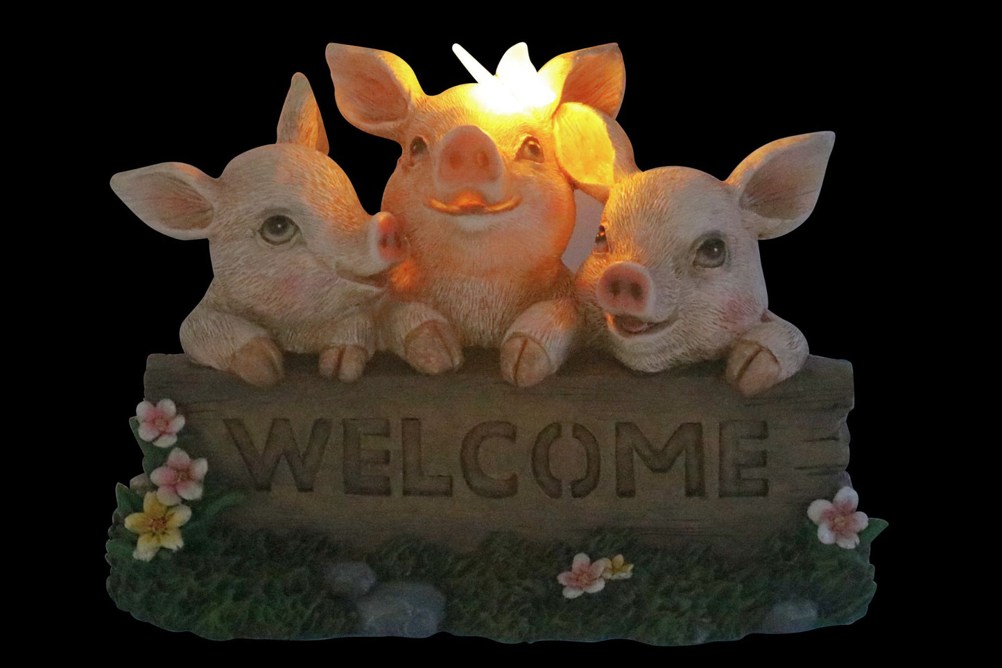 Resin Pig w/Welcome Solar Light 28x21cm