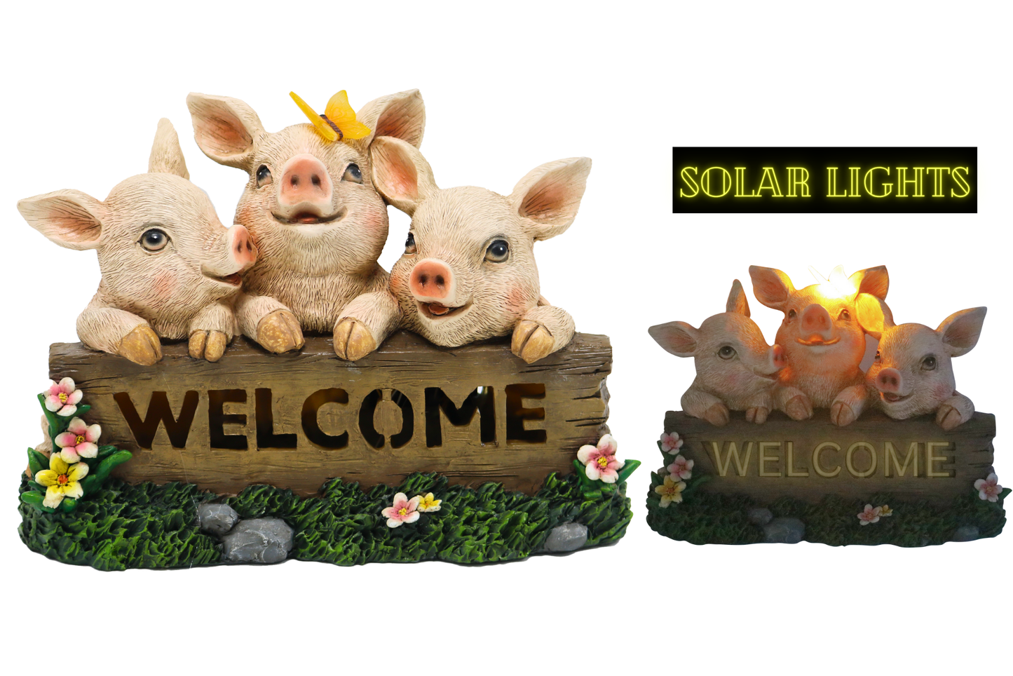 Resin Pig w/ Welcome Solar Light 28x21cm