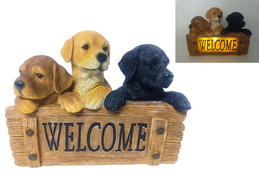 Resin Dog w/Solar Welcome Sign 24cm