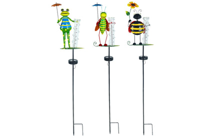 Metal Garden Stake Ant/Frog/Bee Rain Gauge w/Solar Light 83cm 3 Asstd PDQ