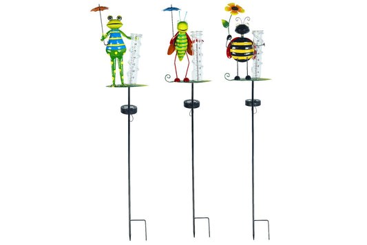 Metal Garden Stake Ant/Frog/Bee Rain Gauge w/Solar Light 83cm 3 Asstd PDQ