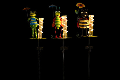 Metal Garden Stake Ant/Frog/Bee Rain Gauge w/Solar Light 83cm 3 Asstd PDQ