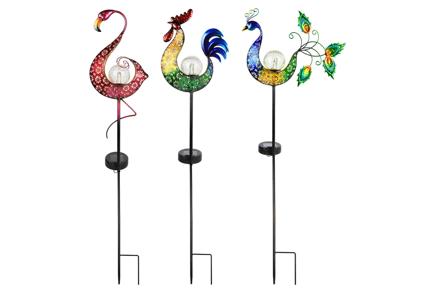 Solar Metal Cock/Flamingo/Peacock Stake w/Solar Light 90cm 3 Asstd PDQ