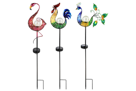 Solar Metal Cock/Flamingo/Peacock Stake w/Solar Light 90cm 3 Asstd PDQ