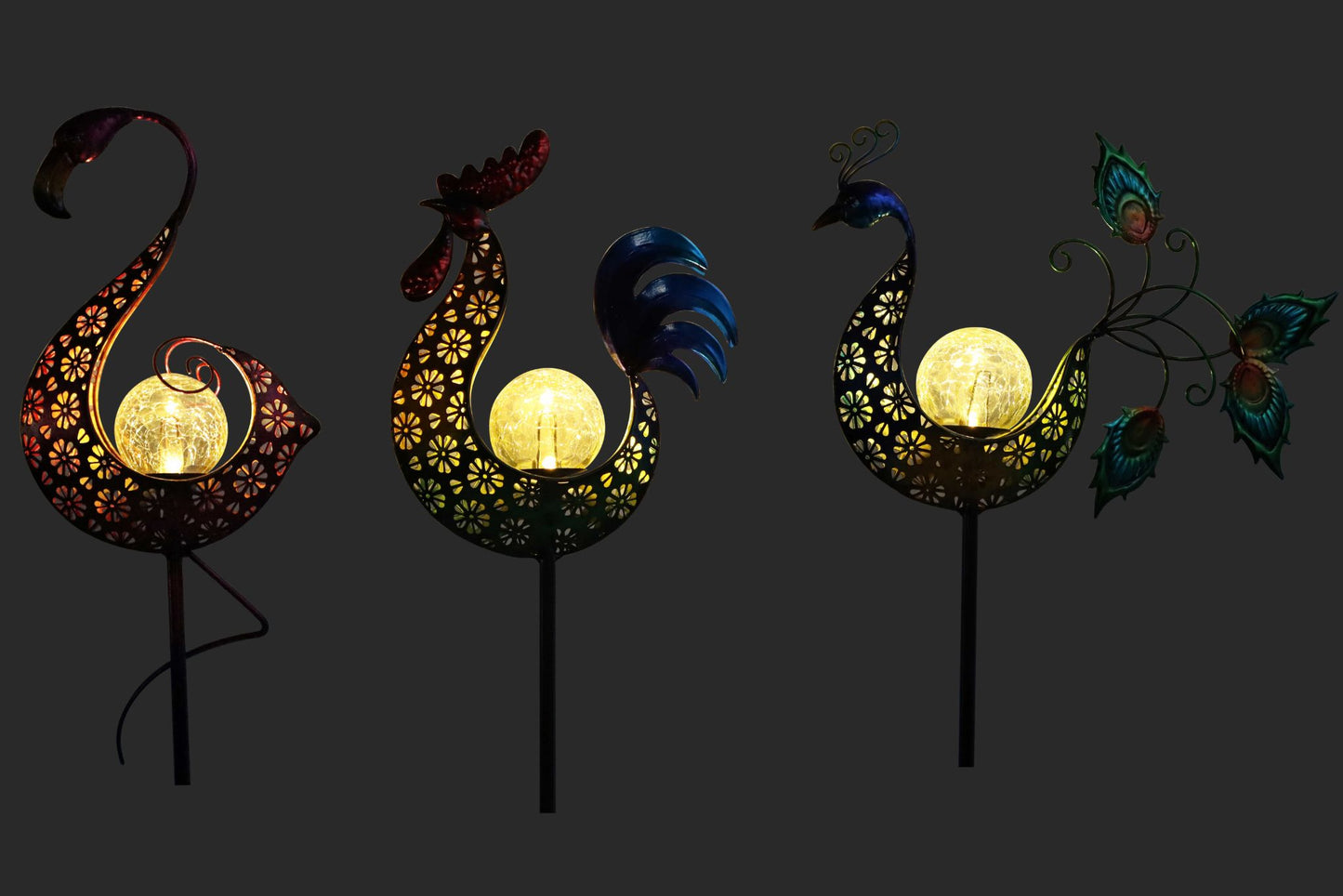Solar Metal Cock/Flamingo/Peacock Stake w/Solar Light 90cm 3 Asstd PDQ