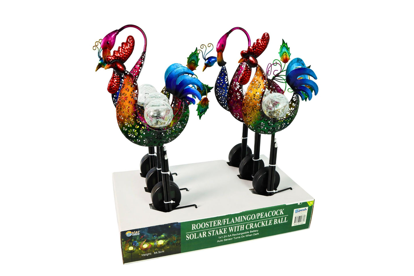 Solar Metal Cock/Flamingo/Peacock Stake w/Solar Light 90cm 3 Asstd PDQ