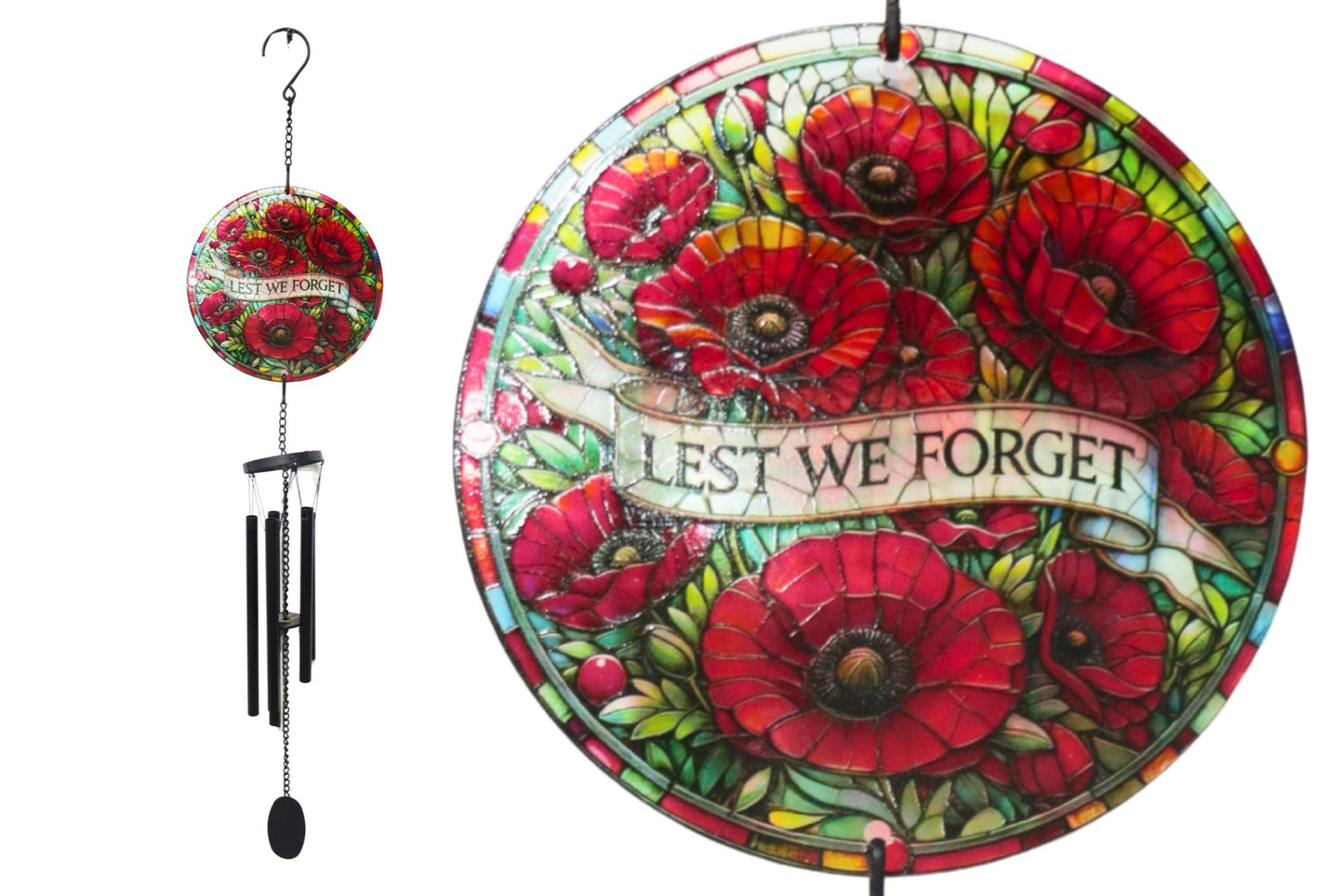 Anzac Glass Wind Chime Poppy 93x20cm
