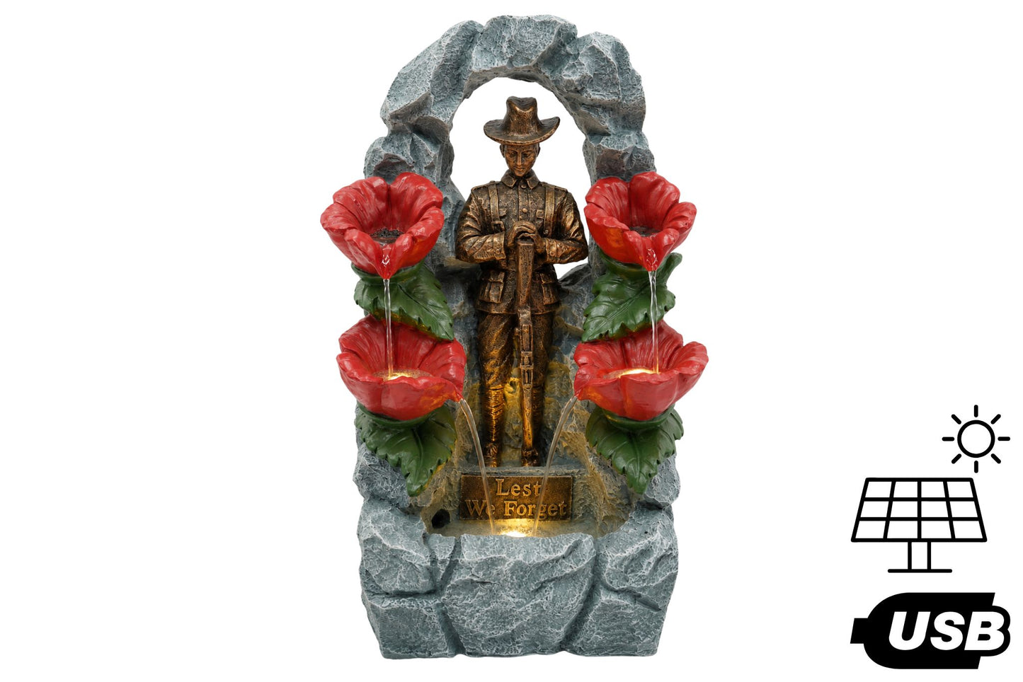 Solar/USB Anzac Soldier Poppy Water Fountain 40x29.5x64.5cm